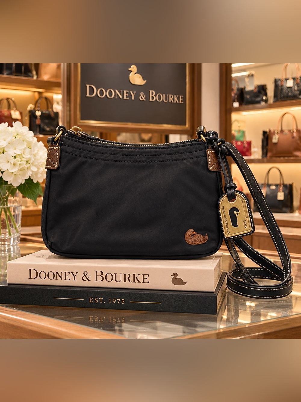 Dooney & Bourke Vintage Black Nylon Crossbody with Brown Leather Trim